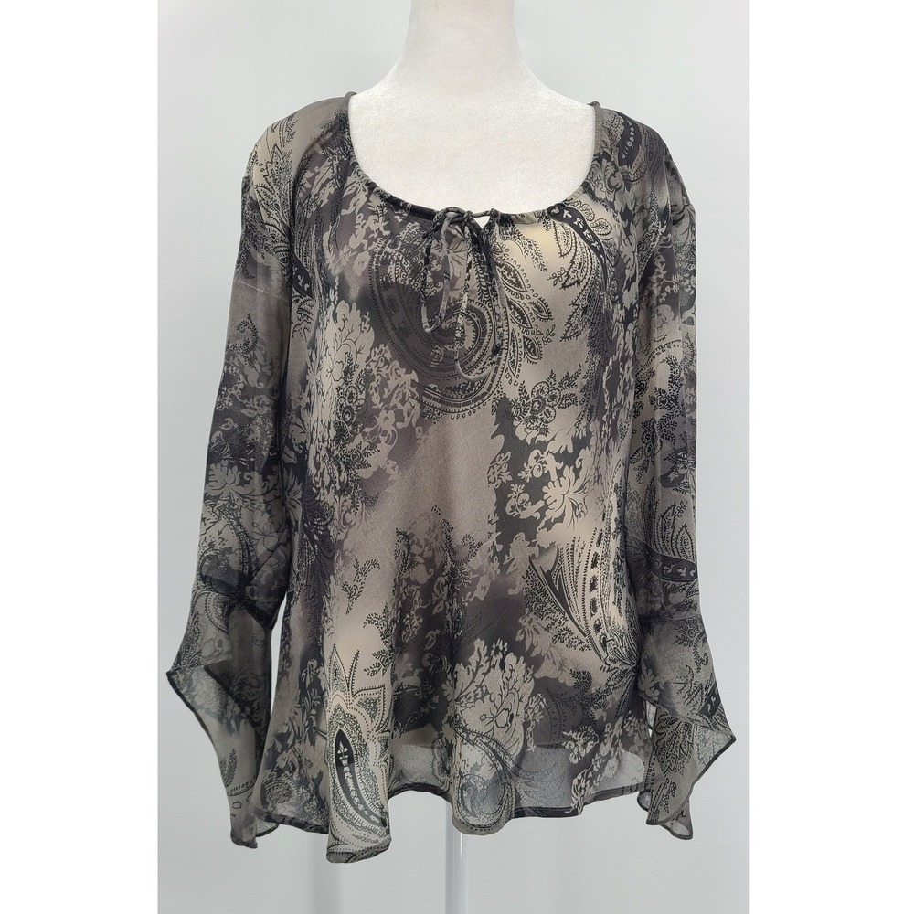 Vtg 90s Y2K Whimsigoth Blouse XL Boho Fairy Grunge Bell Sleeve Sheer Paisley